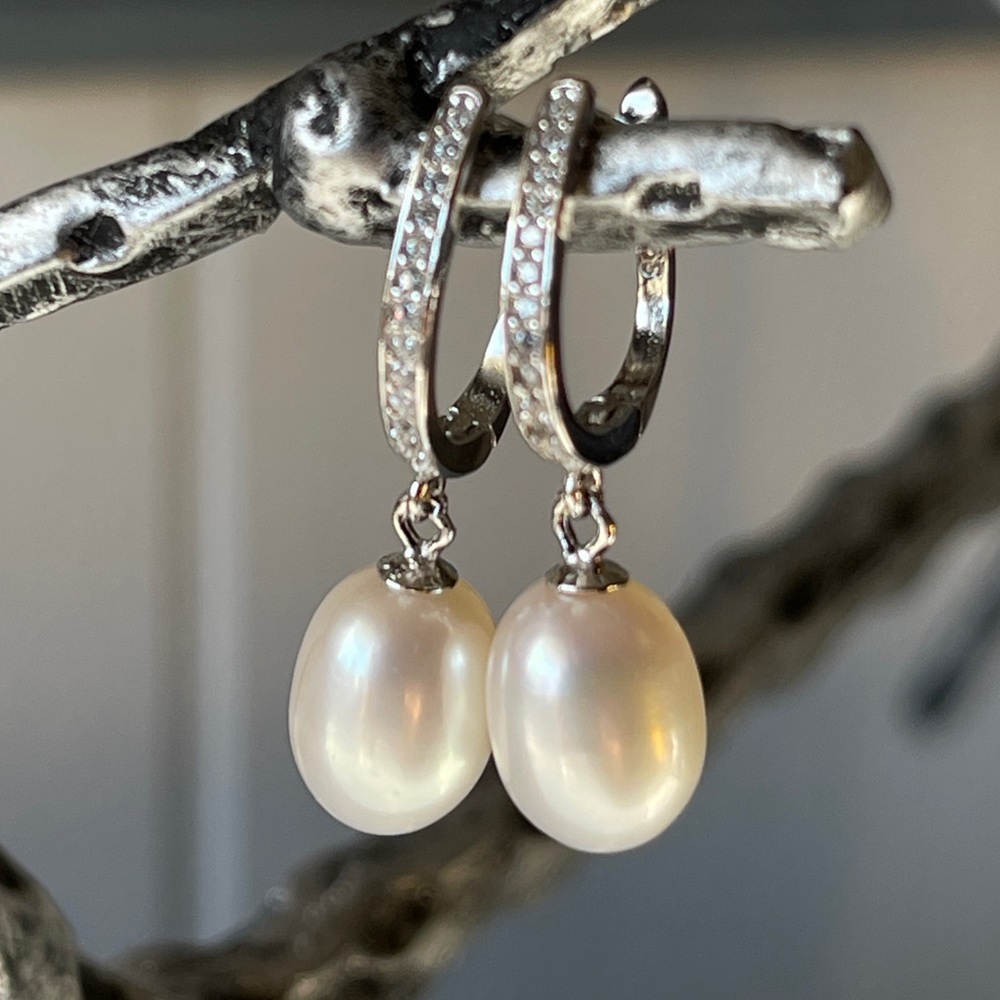 925S Sterling Silver White Cultured Freshwater Pearl Dangle Drop Earrings - Picture 12 of 12